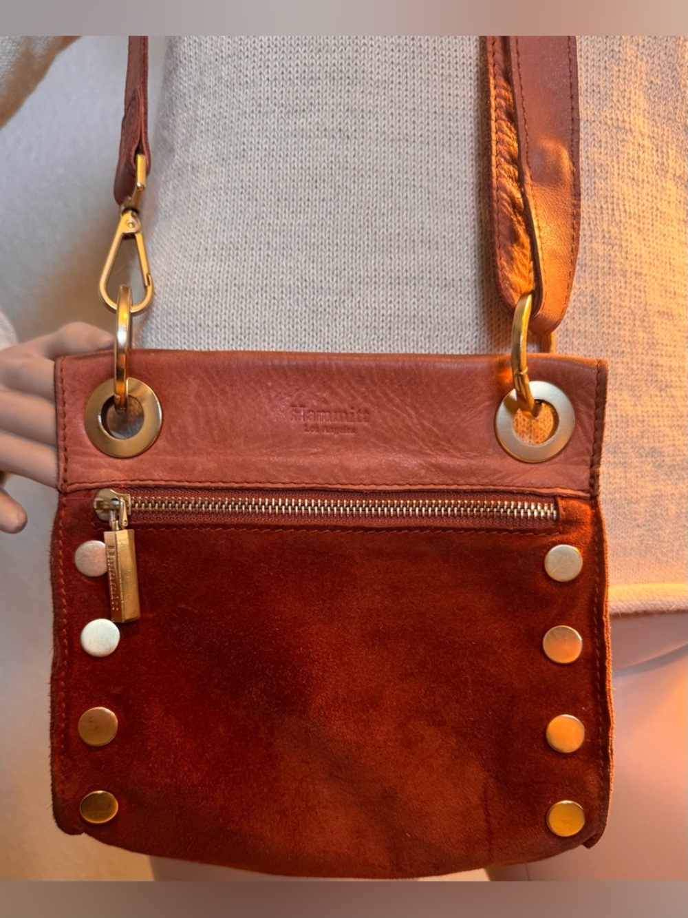 Hammitt Tony Small Crossbody Bag Copper Leather and Suede Red Interior
